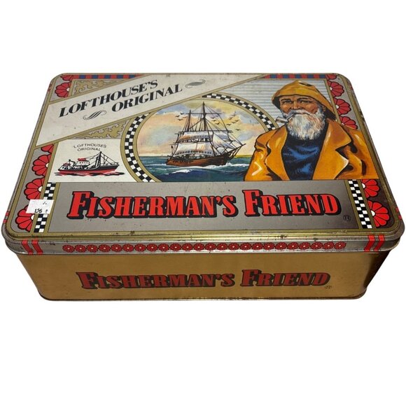Fishermans Friend Lofthouses Original Vtg Metal Tin Storage Box LARGE 14 X 4.75" - Picture 3 of 14